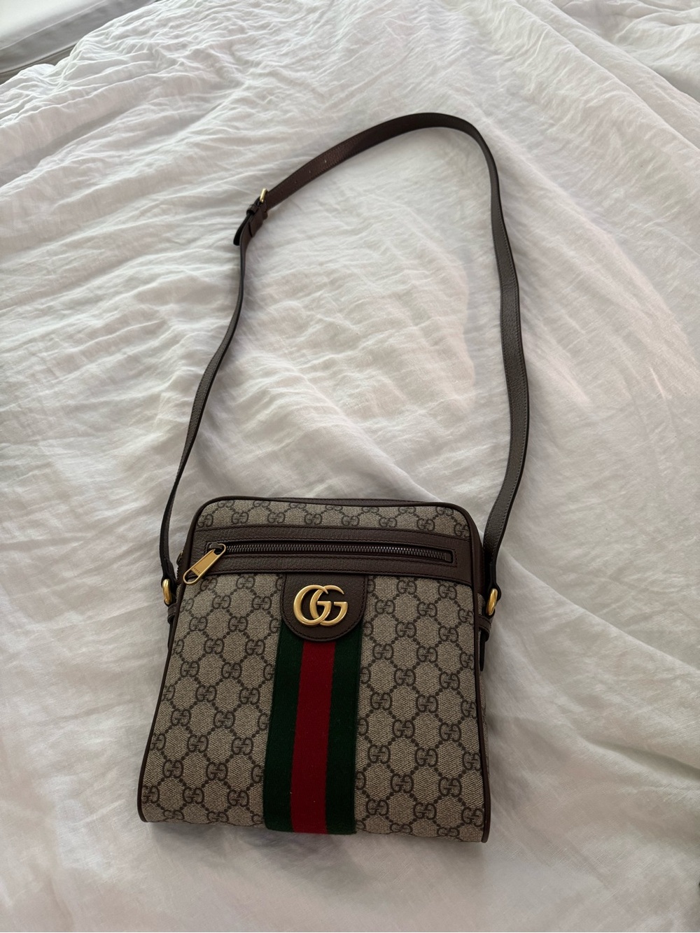 Gucci Beige Brown GG Supreme Crossbody with Green-Red Web